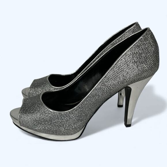 Nine West Danee Peep Toe Pumps Platform High Heels 7.5M Silver Glitter - Picture 3 of 9